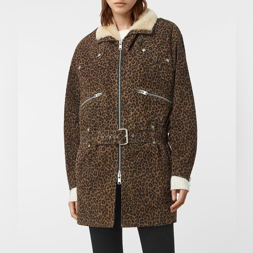 All Saints Collins Shearling Lined Leopard Nubuck Leather Biker Jacket Size XS/2
